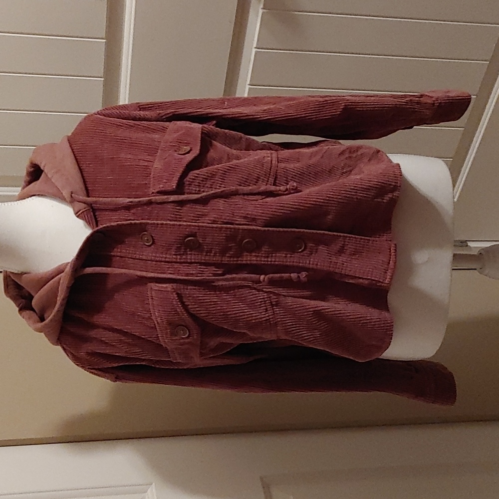 American Eagle dusty rose corduroy cropped hooded button down jacket S